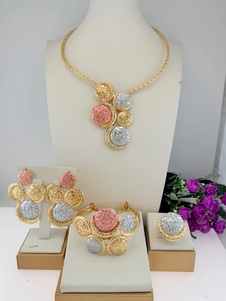 Simple Elegant Round Three Tone Shape Brazilian Jewelry set Fine llaveros Collar Pulseras pin Pendient tentacles Anillo 4PC Set