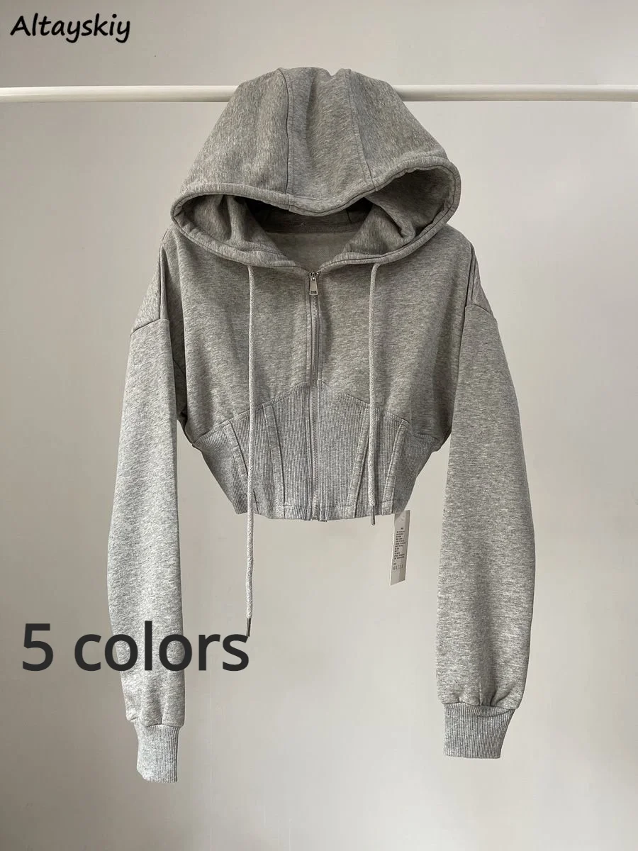 5 Colors Cropped Jackets Women Basic Spring Long Sleeve Ladies Outwear American Style Retro Chic Stylish Hooded Design Slim New