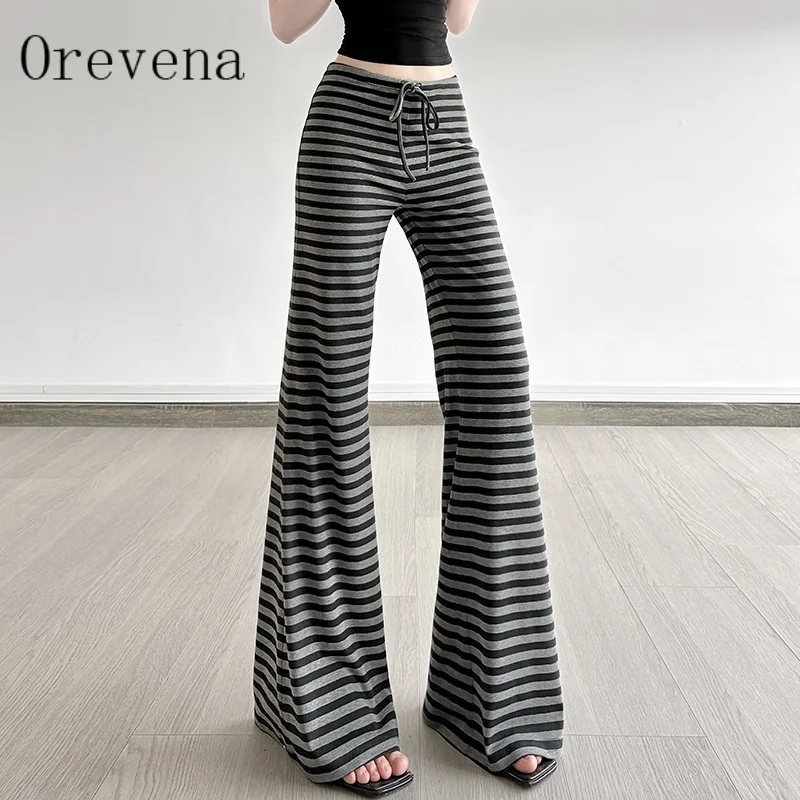 Harajuku Y2K thin style drawstring sports yoga pants American casual hot girl contrasting striped micro flared pants Orevena