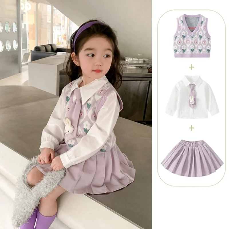 

Baby Girl Clothes Set Size 2-9Y Kid Dresses Set Child 3-Pieces Of Vest Top+Shirt+Skirt Bottom Jk Uniform Sets Toddler Dress Suit