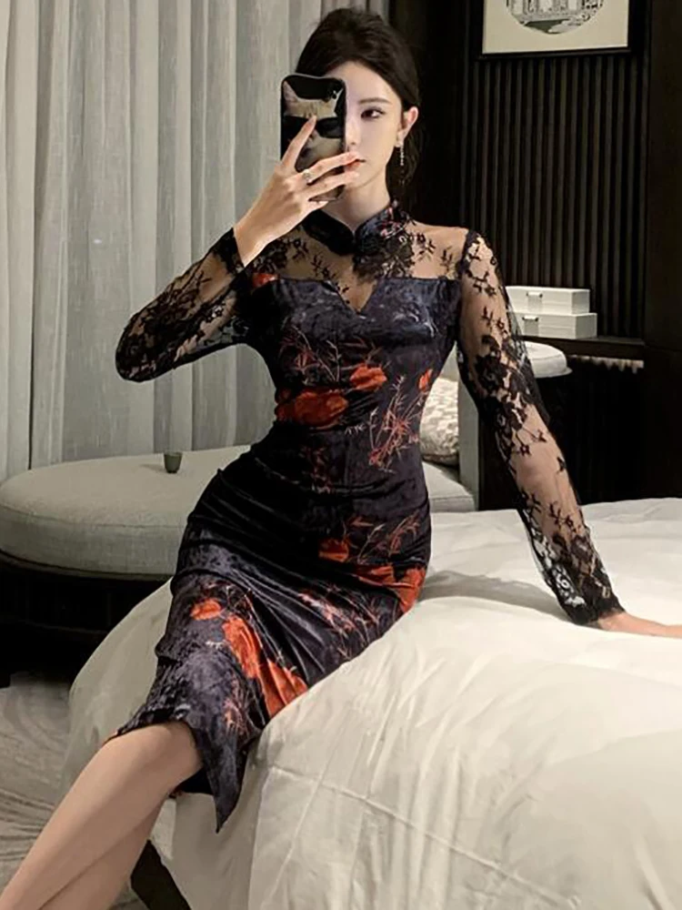 Automne hiver noir à fleurs velours Patchwork dentelle robe femmes à manches longues élégant pure robe Sexy 2025 coréen Vintage robe de bal