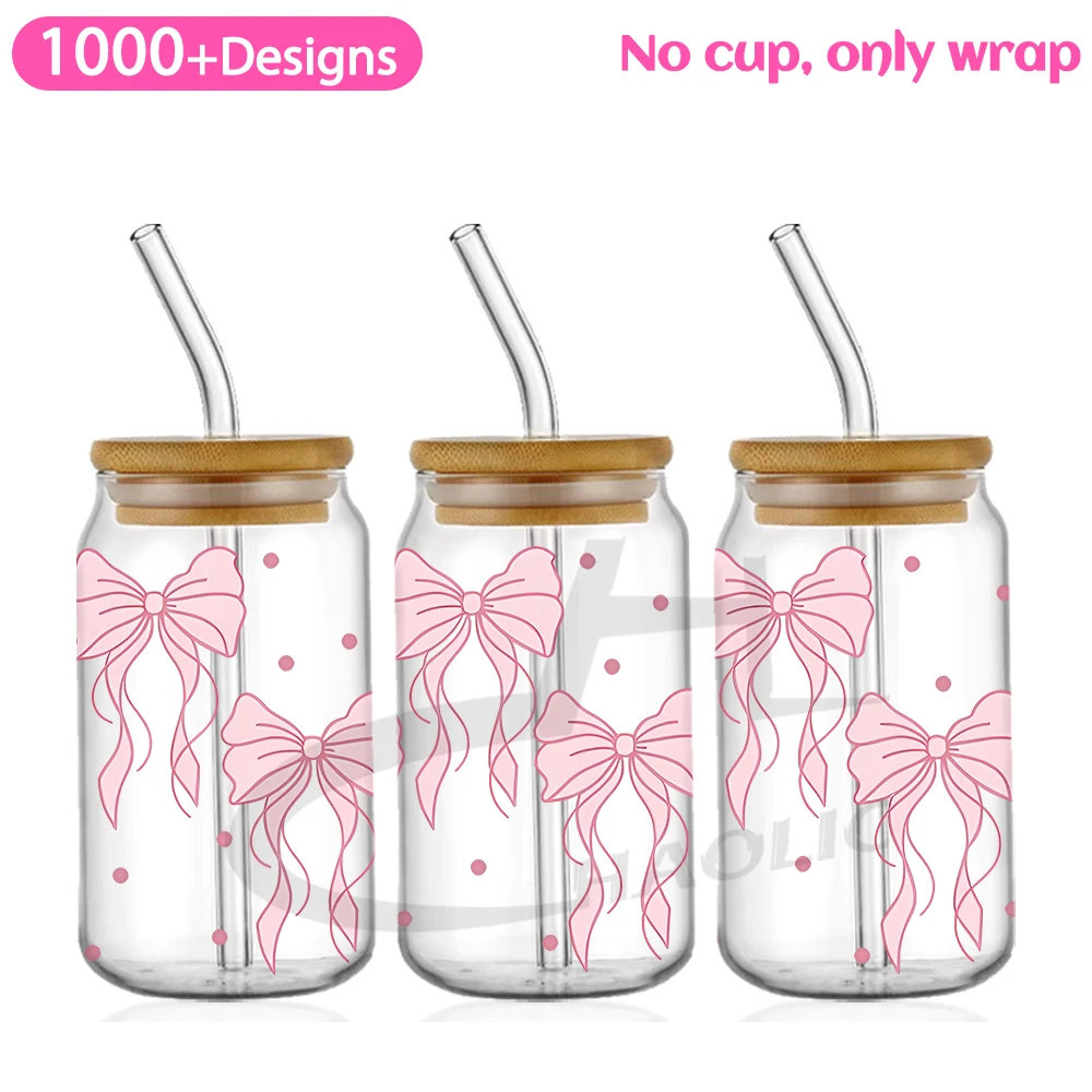 Autocollant de tasse UV DTF avec nœuds flottants roses, ronds pour verre à bière étiez bey de 16oz, rubans d\'amour, mignon, tasse Girly, design rond