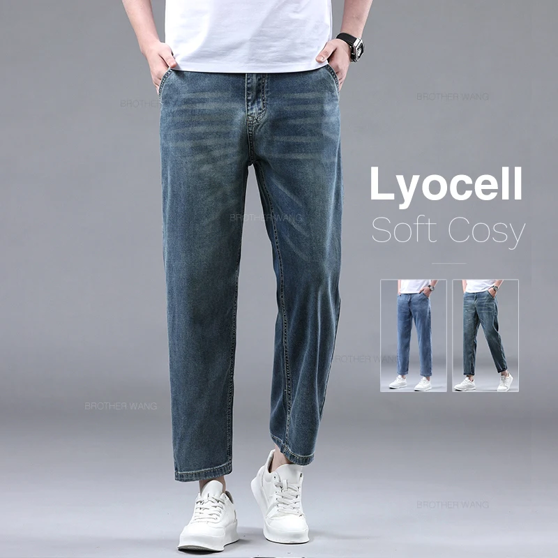 

Summer New Lyocell fabric Straight Thin Jeans for Men Classic Style Stretch Soft Fabric Light Blue Denim Ankle-Length Pants Male