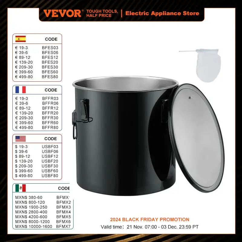 VEVOR-Fritadeira Graxa Balde, Aço Inoxidável, Recipiente De Transporte De Óleo Com Tampa, Bloqueio De Clipes, Saco De Filtro Para Cozimento Quente, Filtragem De Óleo