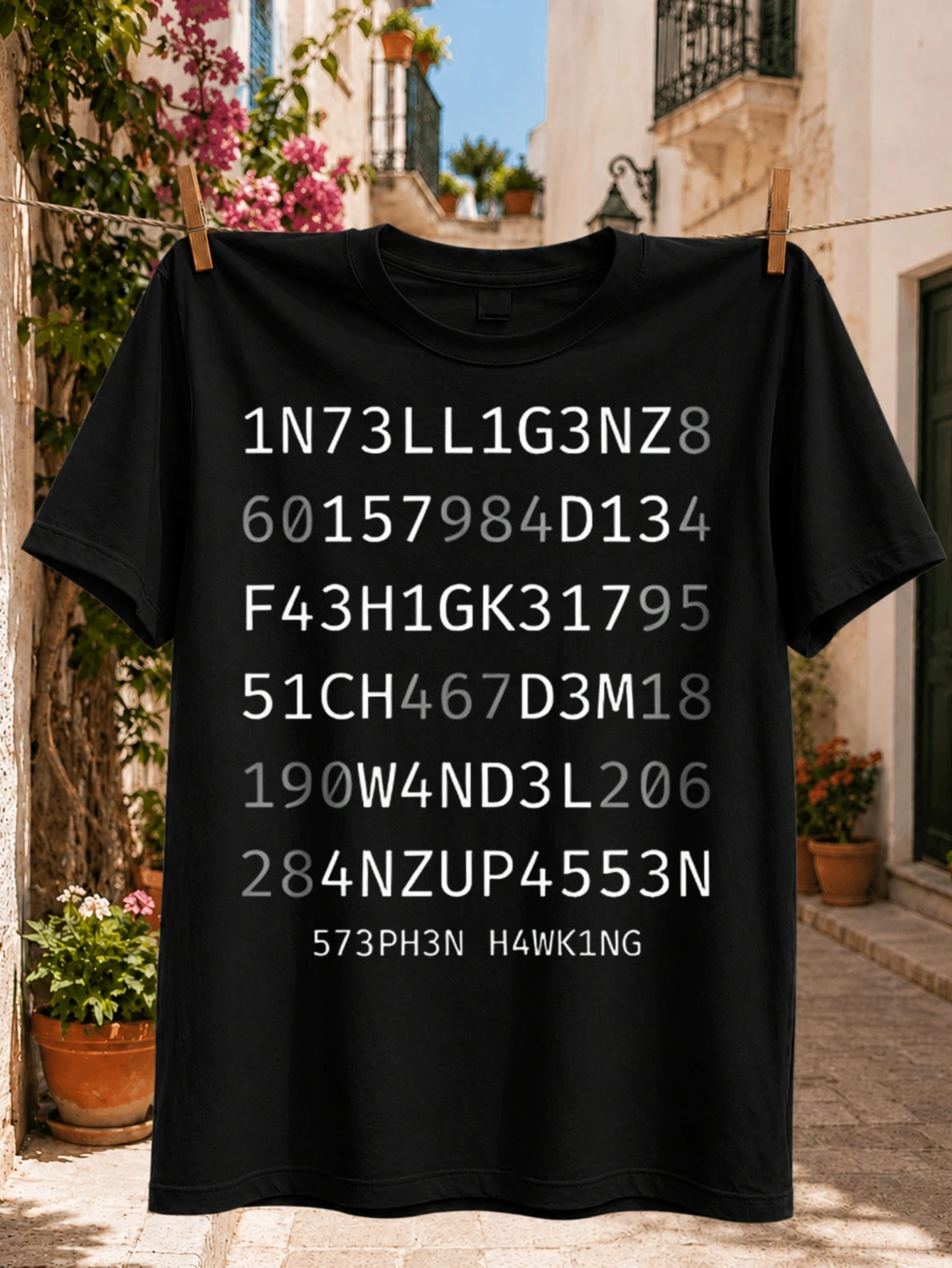 Stephen Hawking Number Code Graphic stacked tspeak puzzle rows ending with his encoded name in  Unisex All T-Shirt