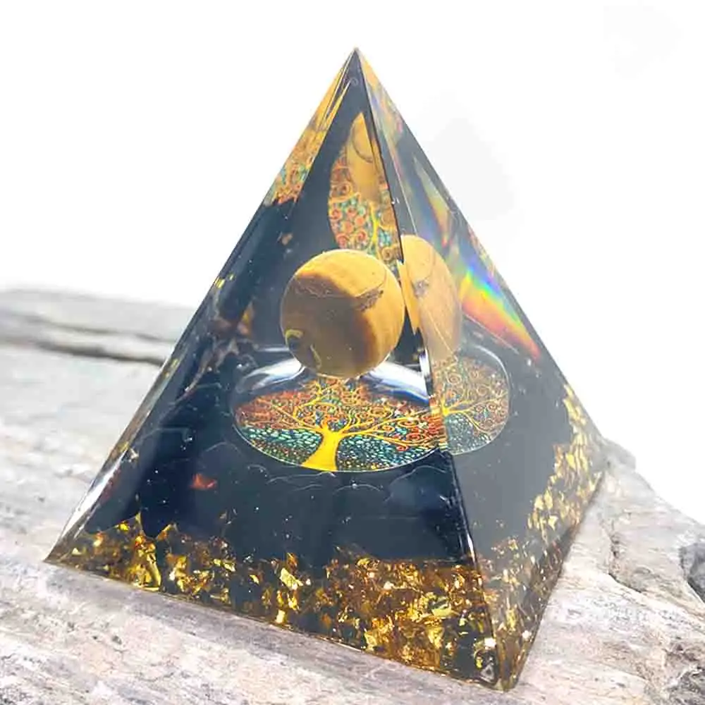 Orgone Pyramid Yellow Tiger Ball Tree Life Healing Crystal Energy Orgonite Pyramide Emf Protection Meditation Tool Yoga Quartz