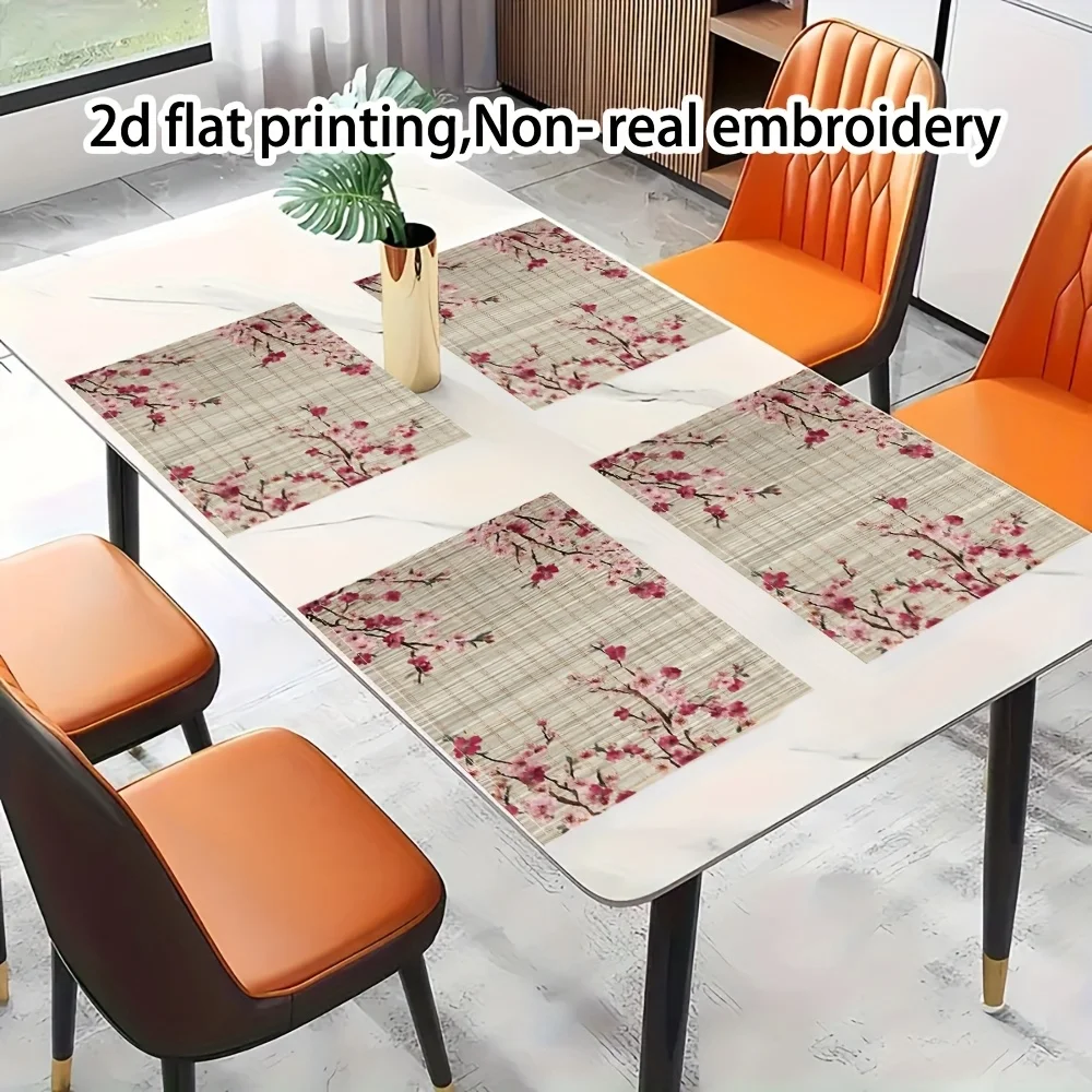 1pcs/4pcs Japanese-Inspired Sakura Blossoms & Bamboo Placemats |  Square Linen Table Mats with Muted Pink Cherry Blossoms
