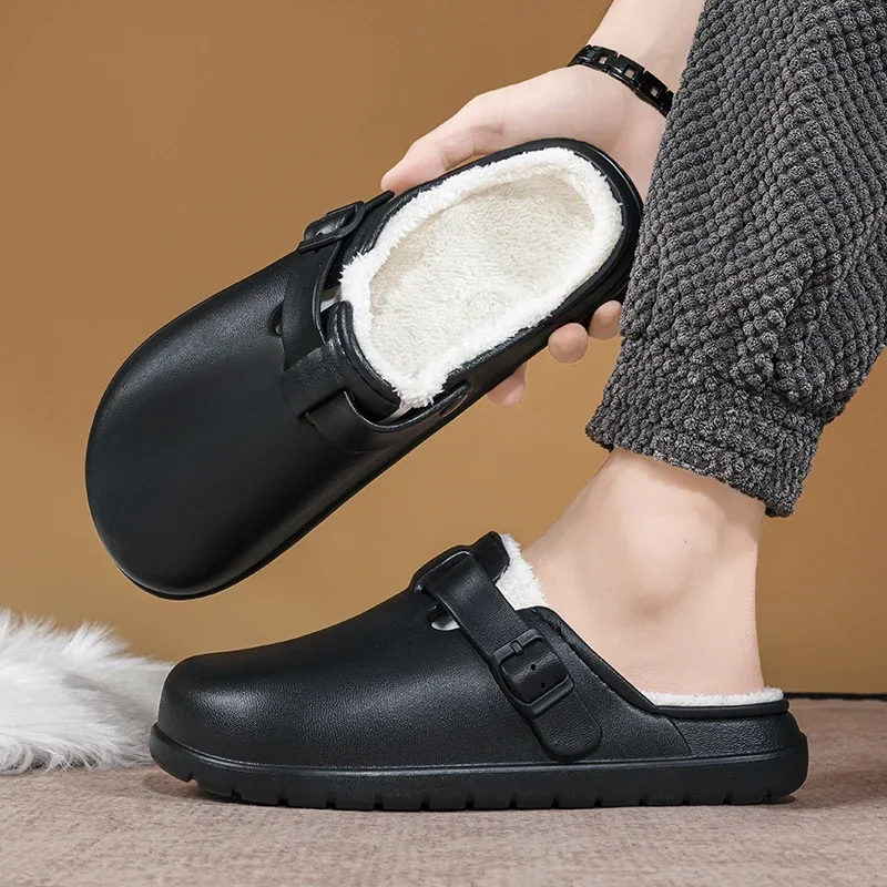 Unisex Winter Mule Slippers Flat Non‑slip Sole Adjustable Buckle Strap Waterproof Easy‑clean Shell Soft Fluffy Lining Shoes