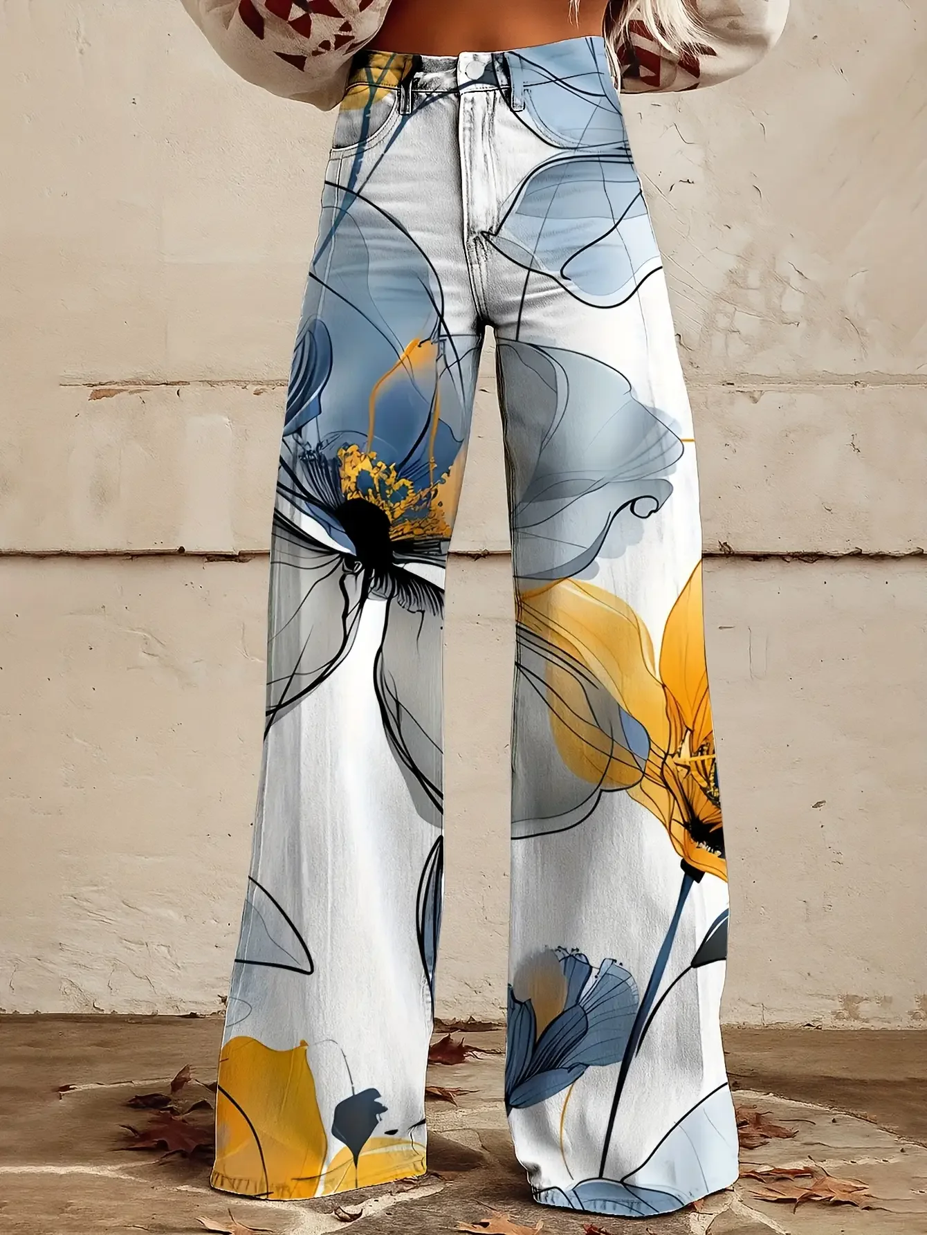  Women's new fashionable and casual 3D printed loose high waisted flared pants imitating denim fabric,