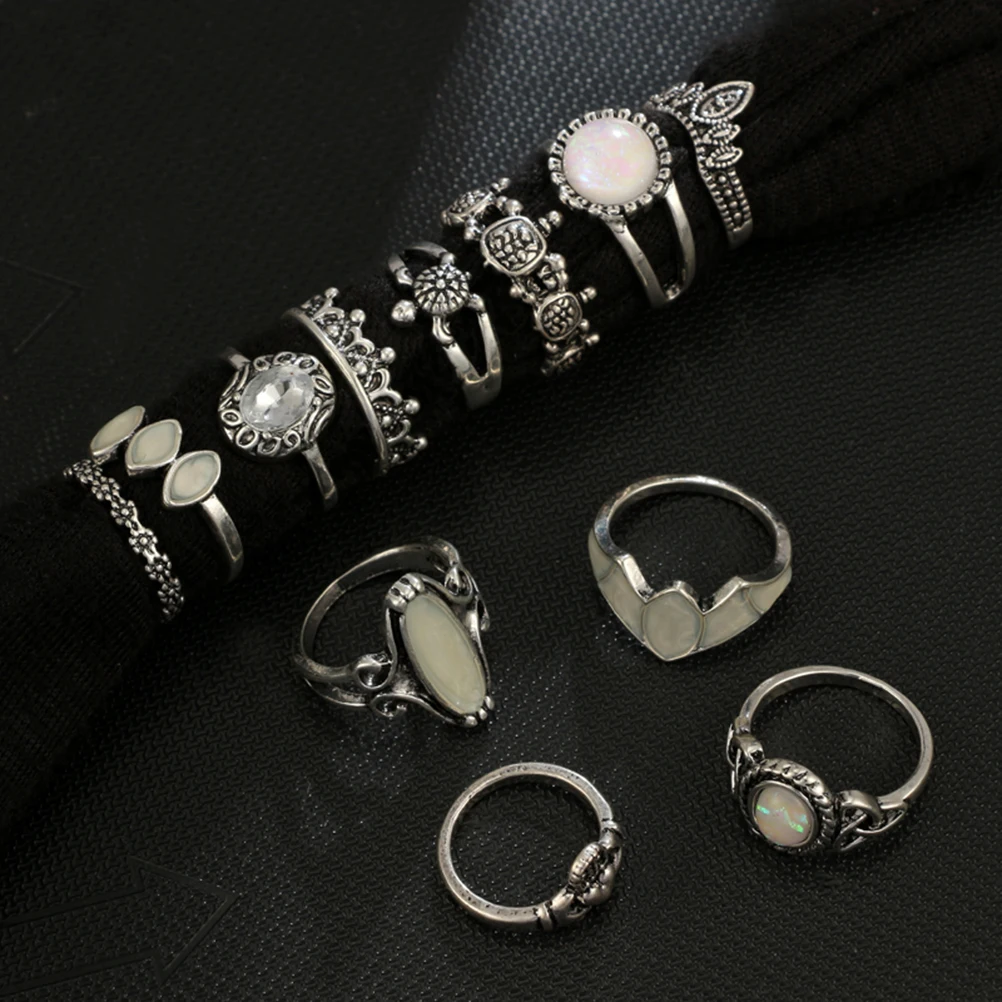 12 Pcs Crown Ring Women Rings Set Stone Bohemia Heart-shaped Combination Daily Wear