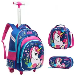 Children  Wheeled Backpack Girls School Backpack Rolling Luggage Backpack Boys School Trolley Bag Set Lunch Bag and Pencil Case