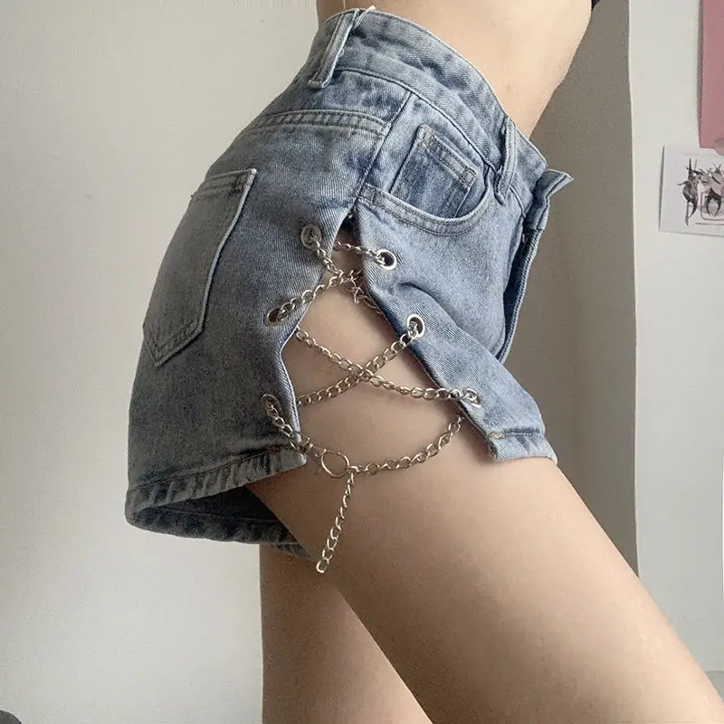 

Rimocy Fashion Chain Blue Denim Shorts for Women 2024 Sexy Split High Waist Shorts Woman Summer Streetwear Short Jeans Female