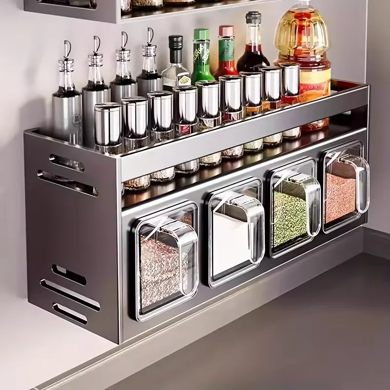 Estante De especias De Cocina De acero inoxidable, caja De almacenamiento multifuncional montada en la pared, tarro, Organizador para el hogar
