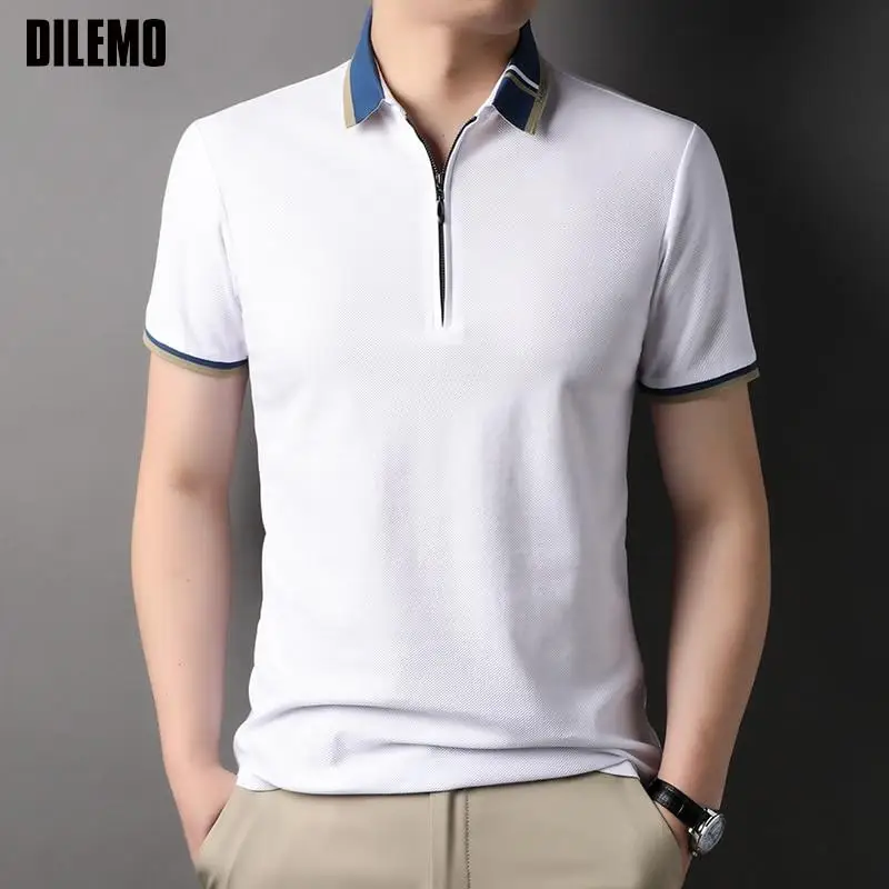 Top Grade 100% Cotton Zipper Luxury Summer New Brand Polo Shirts Men Fashion Slim Short Sleeve Casual Tops 2023 Mens Clothing