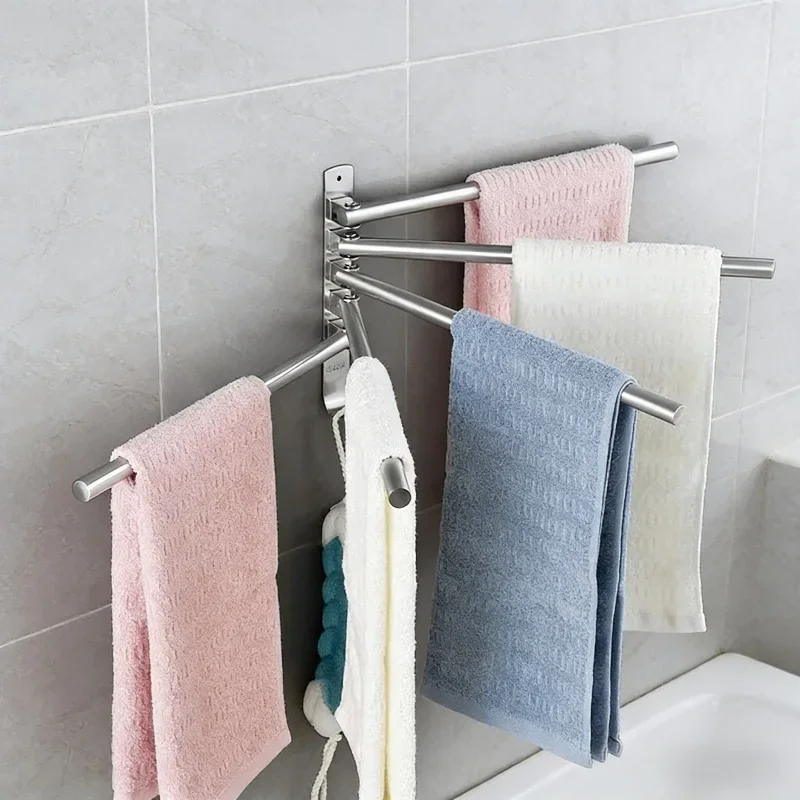 

Rotatable Towel Holder Stainless Steel Bathroom Towel Rack Wall Mounted Save Space Bracket Shower Room Kitchen Storage Organizer