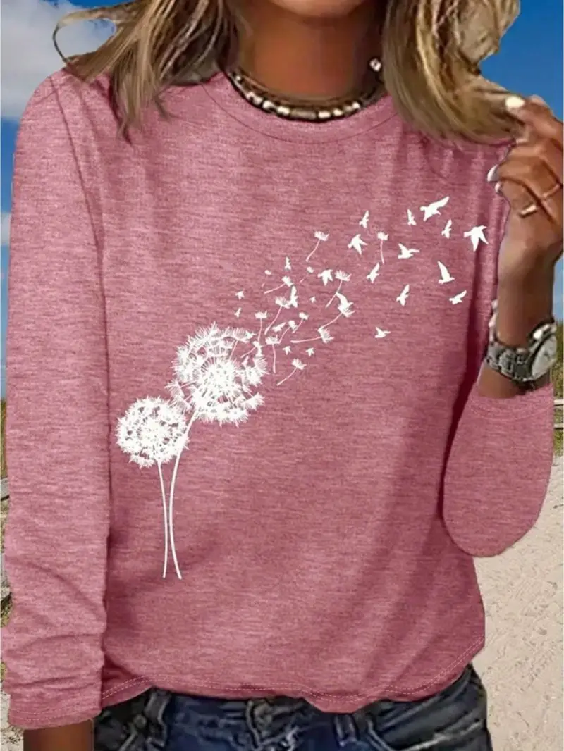 Round neck loose long sleeved T-shirt casual versatile women's daily travel simple basic top