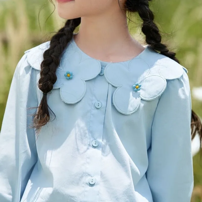 Girl's Sweet Stylish Long Sleeve Peter Pan Collar College Style Children's Base Layer Top Autumn Spring