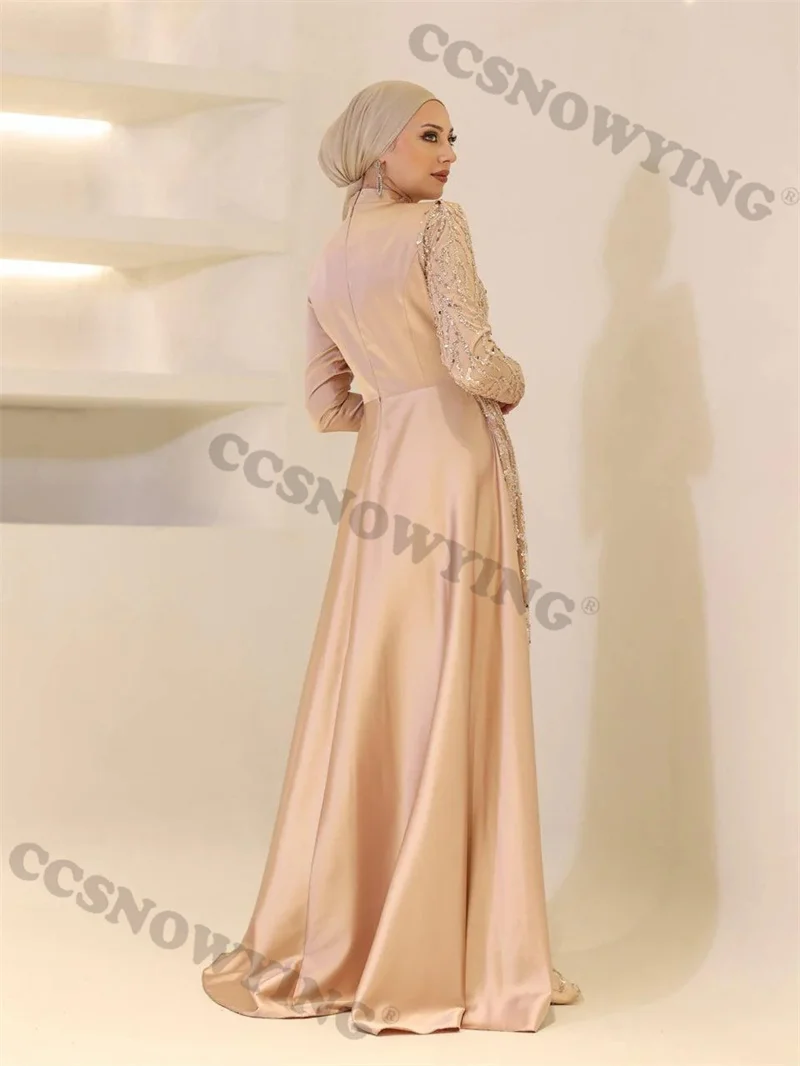 Appliques musulmane abiti da sera con perline arabo Dubai raso manica lunga Prom islamico abito da festa formale donna Robes De Soirée