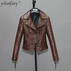 Chaqueta de cuero auténtico para mujer, ropa de piel de cabra curtida vegetal, chaqueta de motocicleta Vintage, Top Delgado, FC