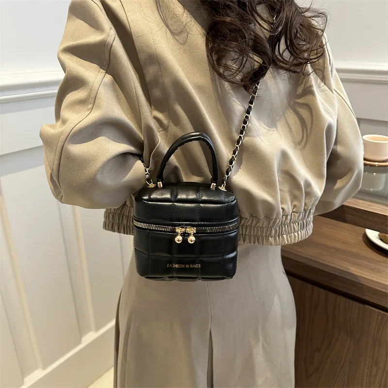 Rhombus Embroidery Women's Chain Shoulder Bag Personalized Trendy Handbag Double Zipper Messenger Small Square Bags