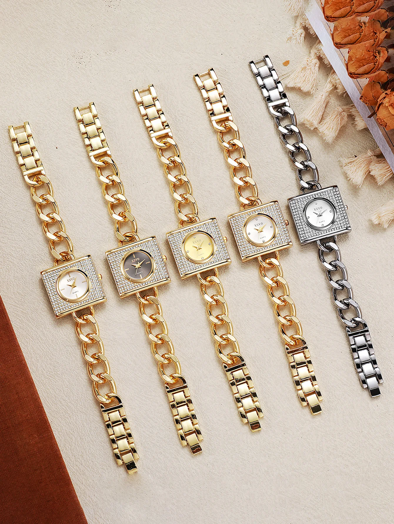 ساعة كوارتز نسائية فاخرة ذات قرص مربع صغير وحزام على شكل سلسلة لهدايا عيد الميلاد والهالوين #6