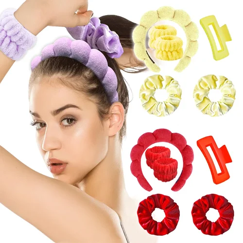 6 unids/set de bandas para el cabello de maquillaje para lavado de cara, conjunto de diadema de esponja hinchada para mujer, diadema de Spa, pulseras, pinzas para el cabello