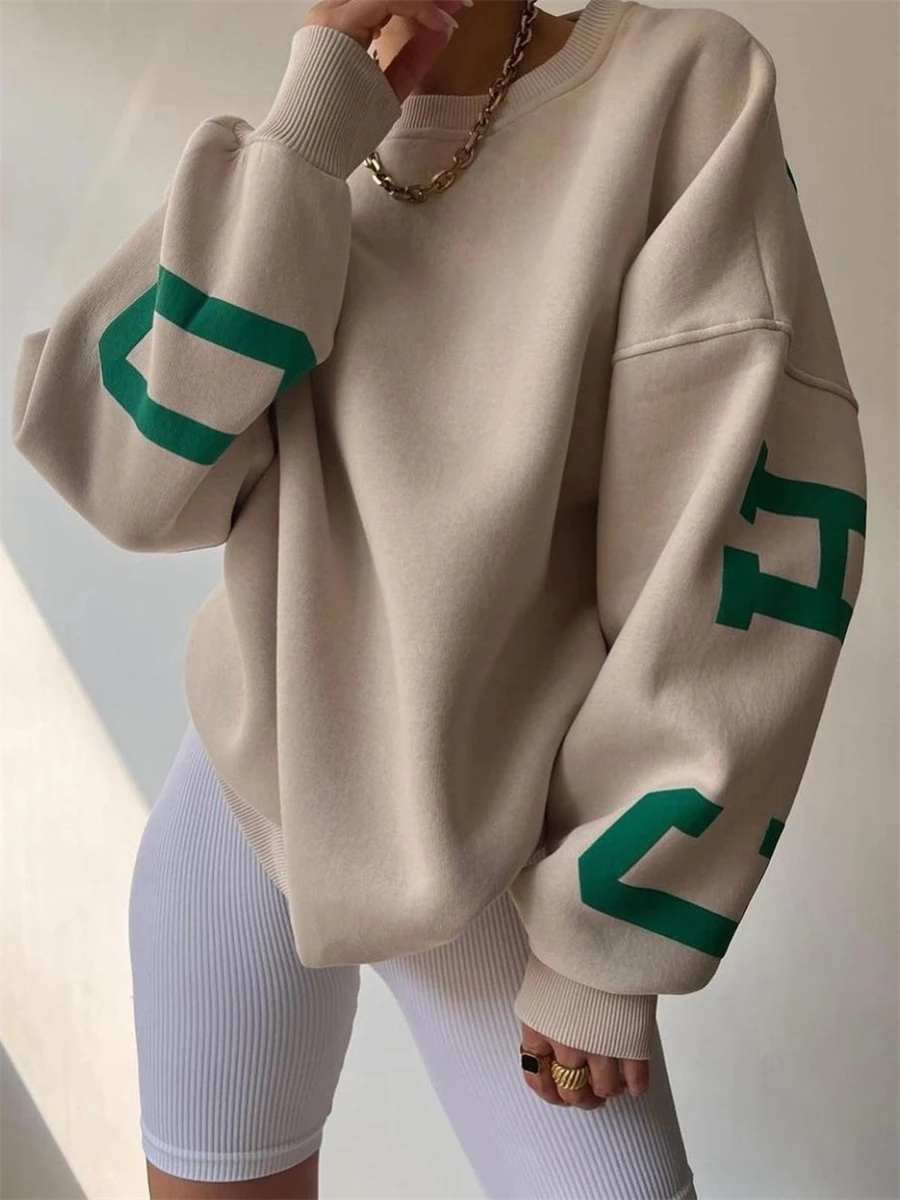 Back Letters Print Oversized Sweatshirts Women Casual Thickened Warm Pullovers Long Sleeve Tops Autumn Winter Streetwear