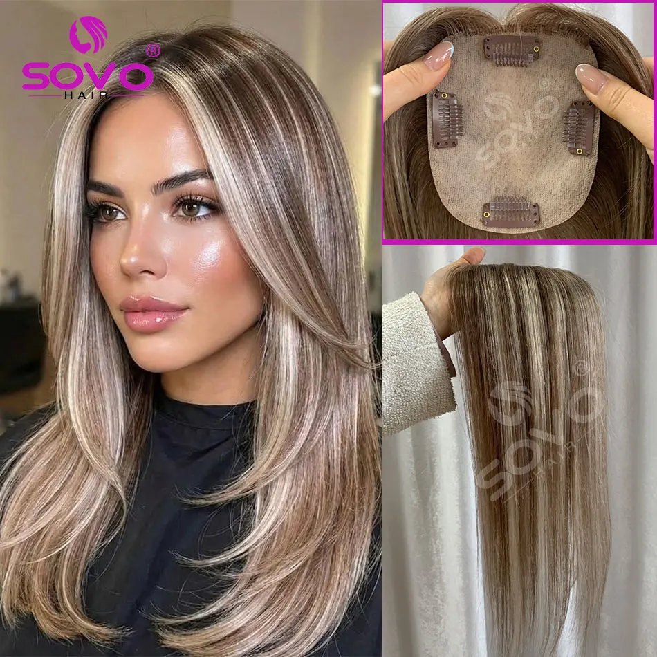 Highlight Straight Human Hair Topper for Women 10x12CM, Skin Base Hair Piece with 4 Clips, Breathable Real Human Hair