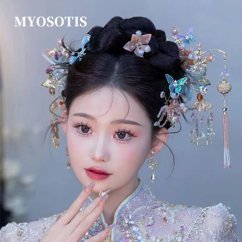 

Fairy Blue Chinese Vintage Bridal Headdress Flowers Tassels Xiuhe Hairpins Cheongsam Hanfu Headpiece Accessories