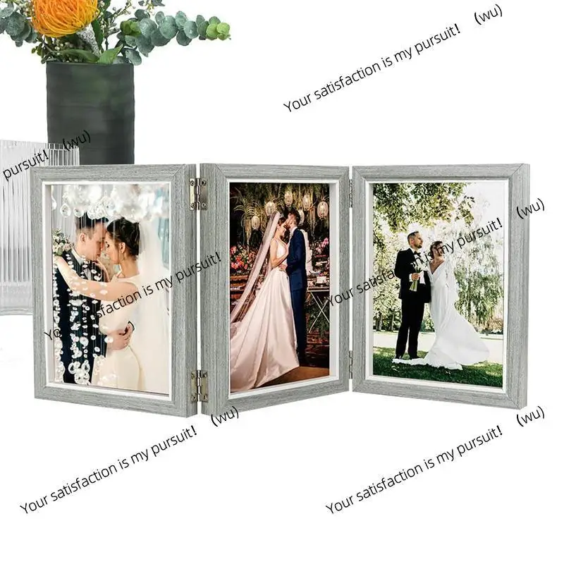 Triple Hinged Desktop Photo Frame 6/7 Inch, Wood Foldable, Baby Growth Photo Frame