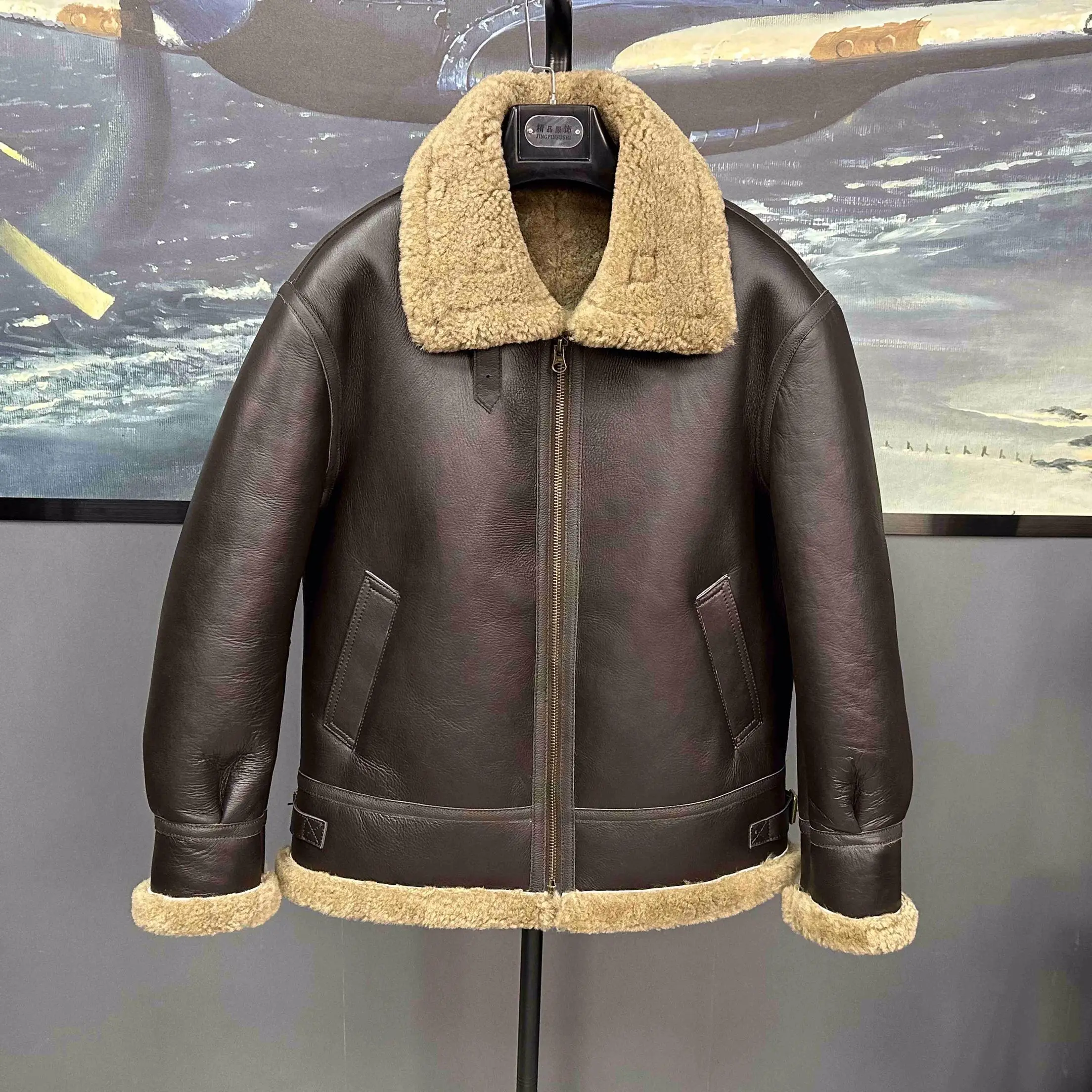 

2024 New Winter Coat Male Pilot Jacket Genuine Sheepskin Leather Shearling Thick Wool Lining Brown Plus Big Size 5xl 6xl 7xl 8xl