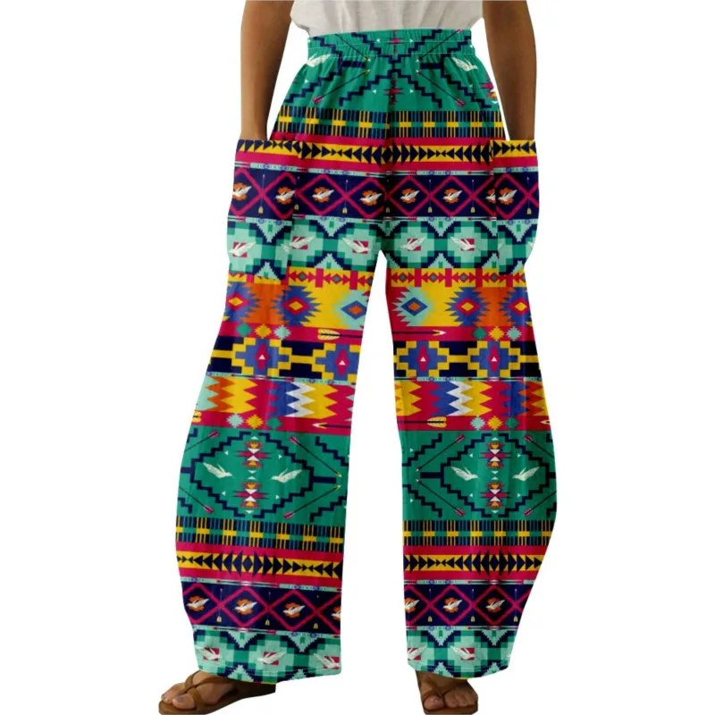 

Ladies Medieval Retro Hawaiian Casual Pants Aztec Ethnic Wind Hawaiian Loose Wide Leg Harem Pants y2k clothes