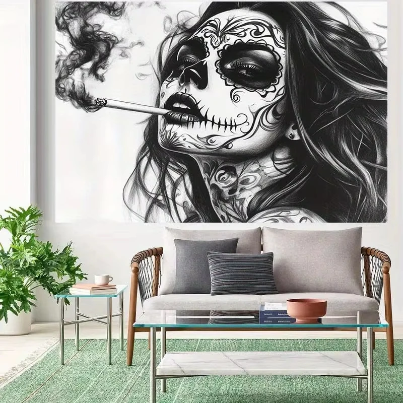 

Day of the Dead Sugar Skull Woman Smoking Gothic Aesthetic Tapestry Room Decor with Floral Artistic Wall Art for Halloween
