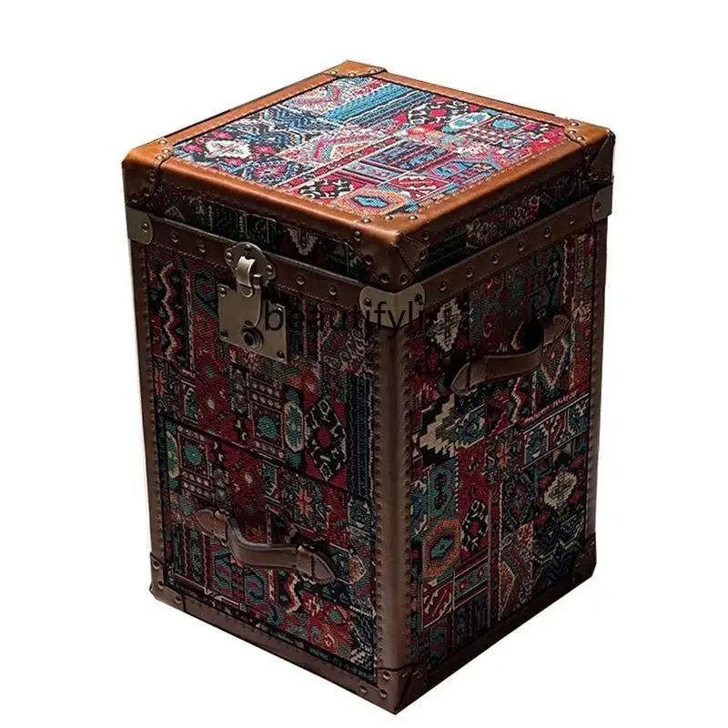 Esmt163 Medieval bedside table, colored weaving, bedroom storage, oil wax, leather, a few cabinets next to the locker