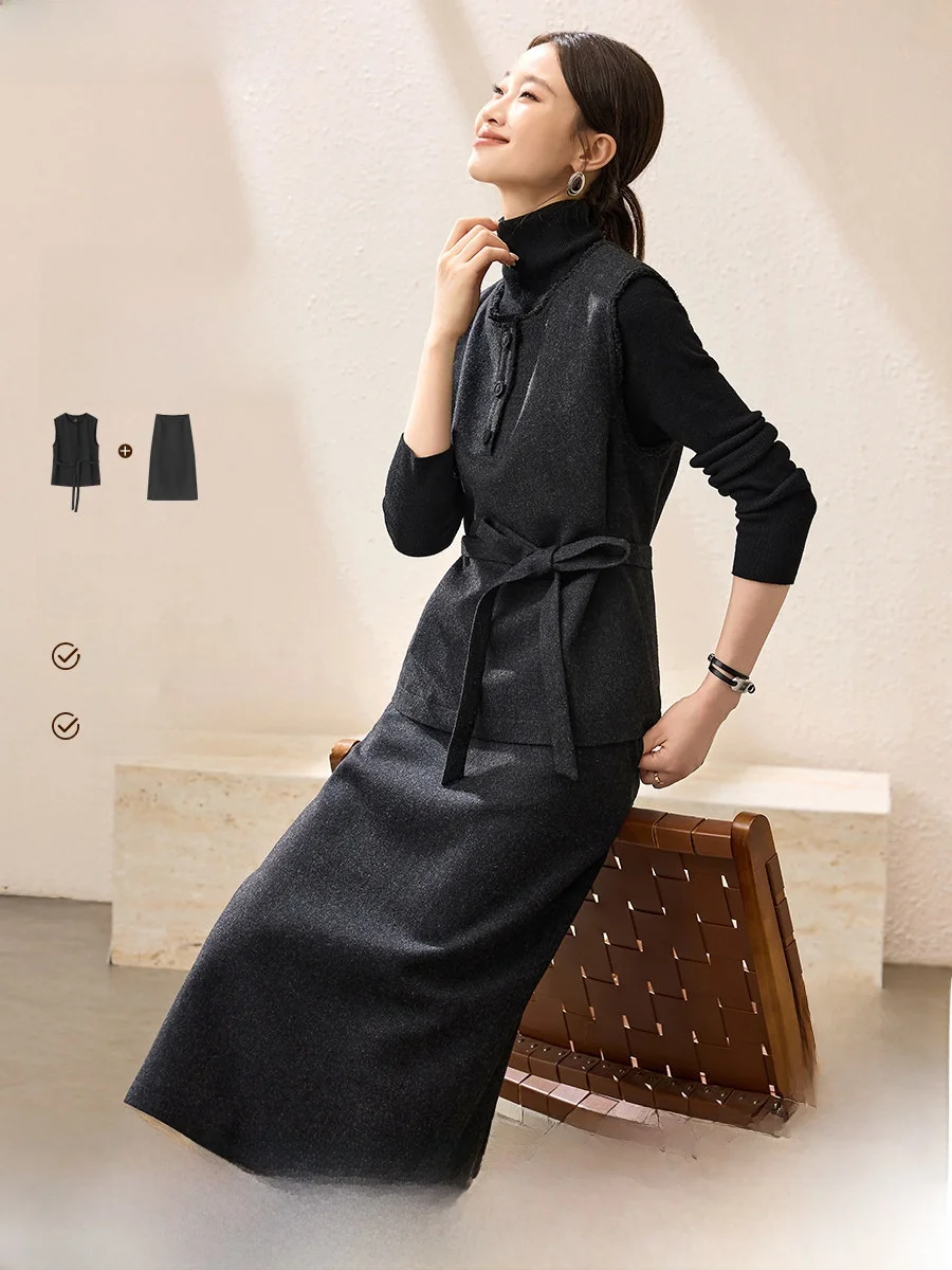 

Mehem Small Fraance Sle шерстяной комплект из двух предметов с тонкой кисточкой и юбкой для женщин, осенний комплект средней длины для поездок на работу