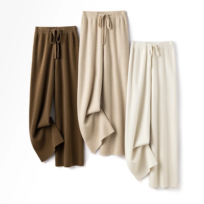 100%Merino Wool Thick Pants Women Autumn Winter High Waist Knitted Wide Leg Pants, Fashion and Loose Korean Four Flat Pants Warm
