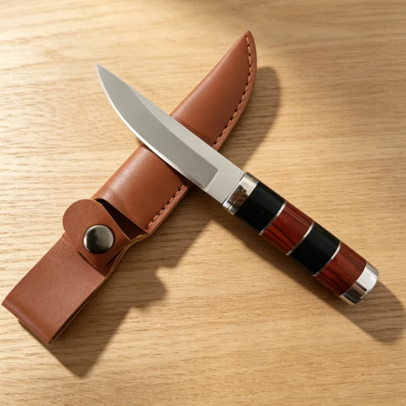 Portable Fixed Blade Survival Hunting Knife - Colour Wood Steel Handle | Outdoor Camping Essential with Scabbard