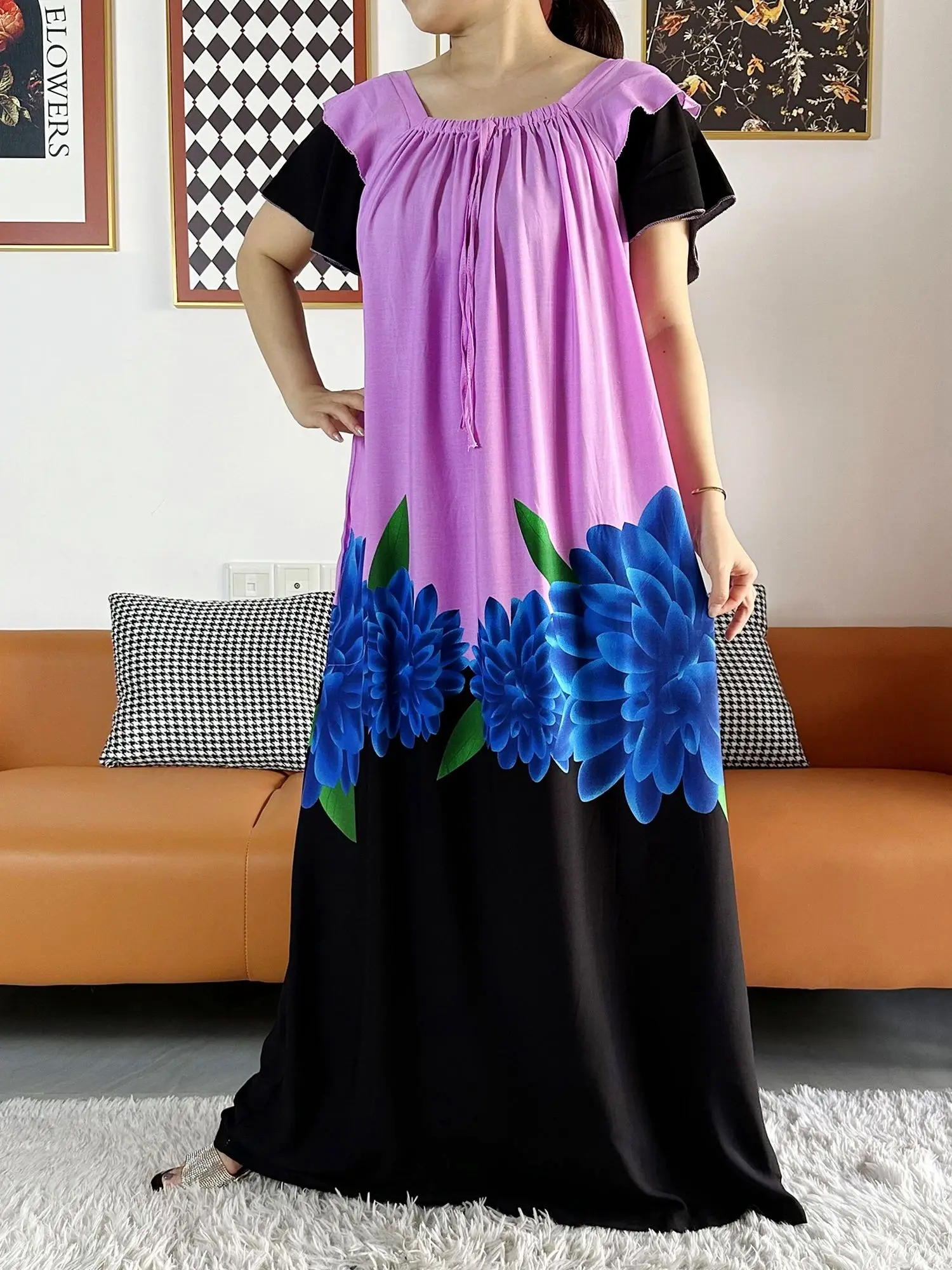 2023 Summer African Lady Summer Short Sleeve Dresses Boat-Neck Loose Floral Boubou Maxi Islam Women Dress African Abaya Clothes