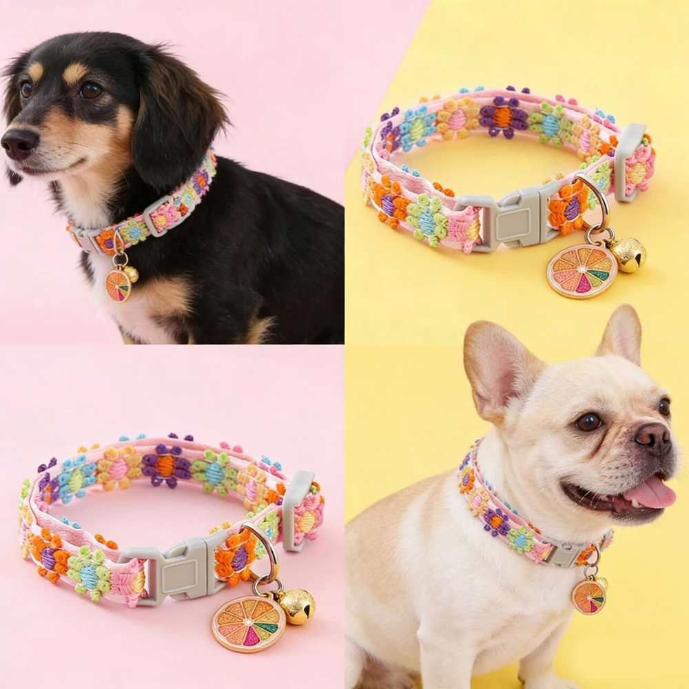 Haustier-Halsband mit Glocke Buntes Blumen-Hundehalsband Verstellbares Sicherheitsglocken-Halsband für Welpen und Kätzchen Haustier-Zubehör – Detail 1
