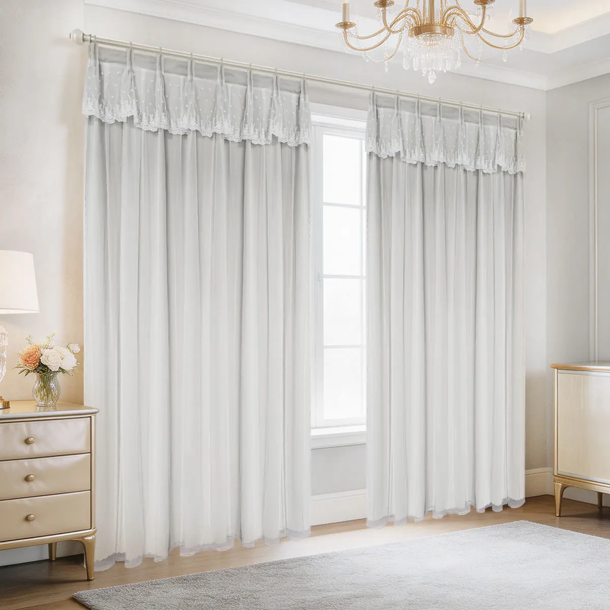 Light Gray Double Layer Curtains 2 Panels, 4-Prong Hook Star Lace Sheer Medium Light Blocking Window Drapes