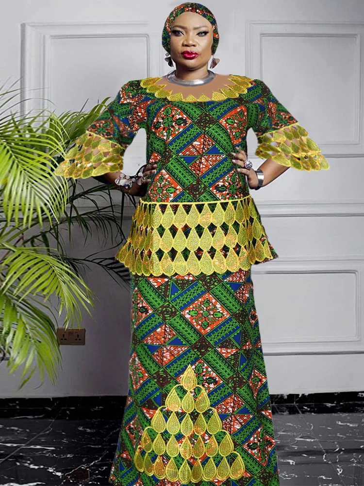 

3XL 4XL Women Plus Size Clothing African Dashiki Print Wax Dress Wedding Party Traditional Gown Tops Skirt Two Piece Set Outfits