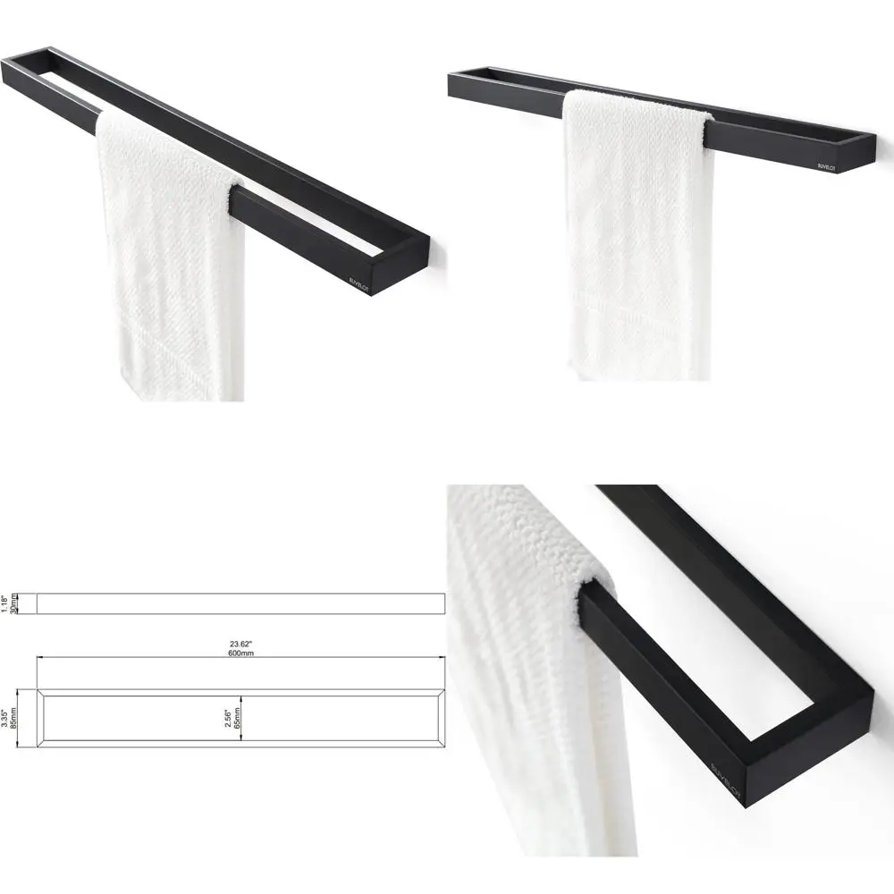 

Contemporary Square Wall Mounted Single Towel Holder, 24 Inch Bathroom Towel Shelf, Matte Black Finish, Modern Bath Towel Rod