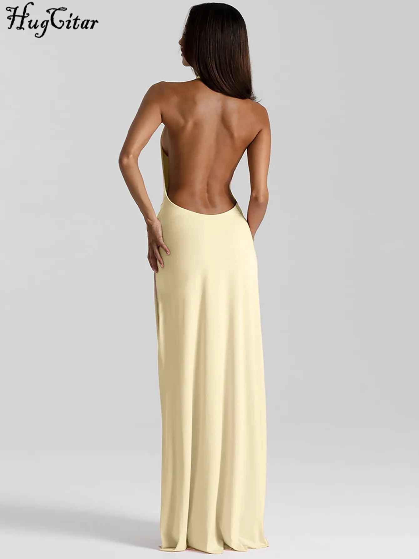 Hugcitar 2025 Halter V Neck Solid Ruched Sexy Elegant Slit Maxi Dress Summer Women Fashion Clothes Beach Vacation Birthday Party