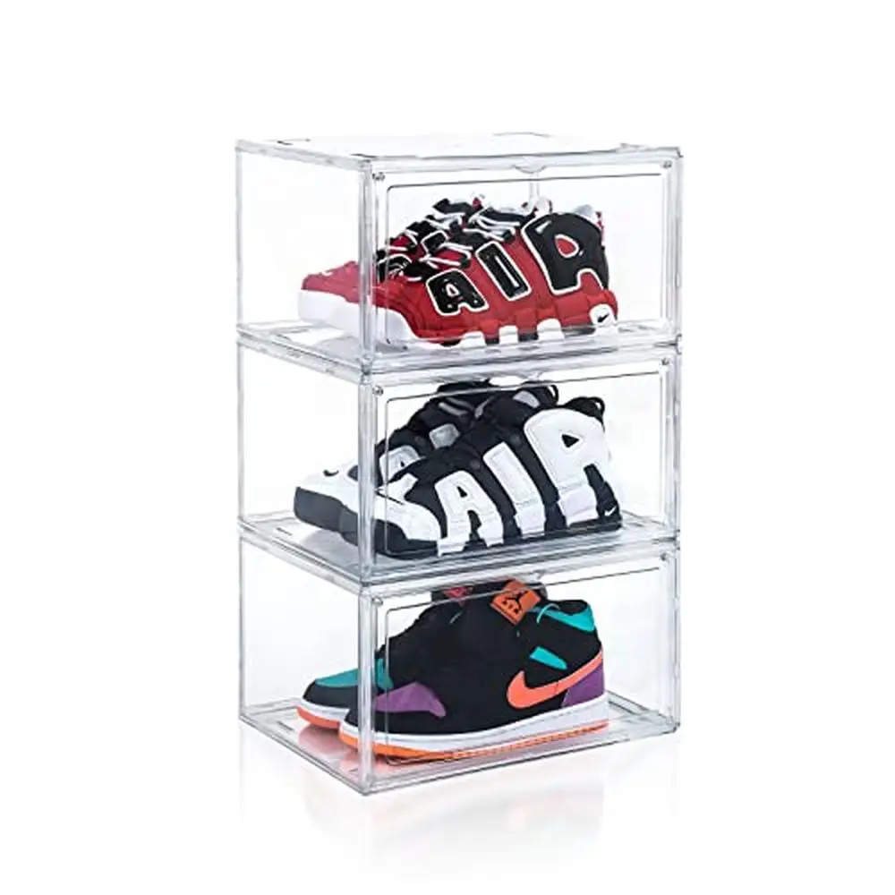 Clear Stackable Shoe Storage Organizer with Magnetic Door-Open Containers Sneakers and Shoes Organizer Box Ideal Closet Storage