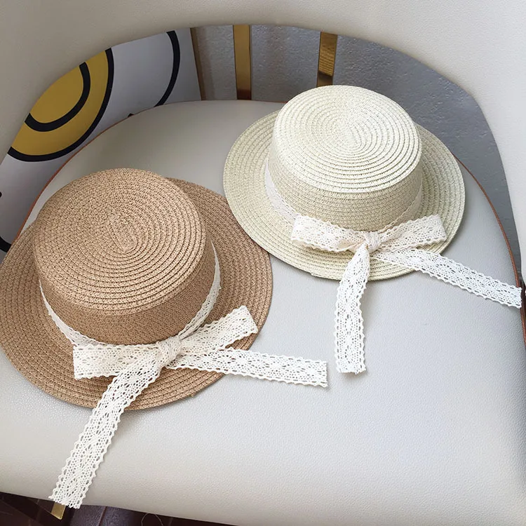 Parent-child Straw Hat Adult Kids Summer Large Brim Flat Fisherman Cap Girls Sun Visors Travel Beach Bowknot Sunshade Caps Women