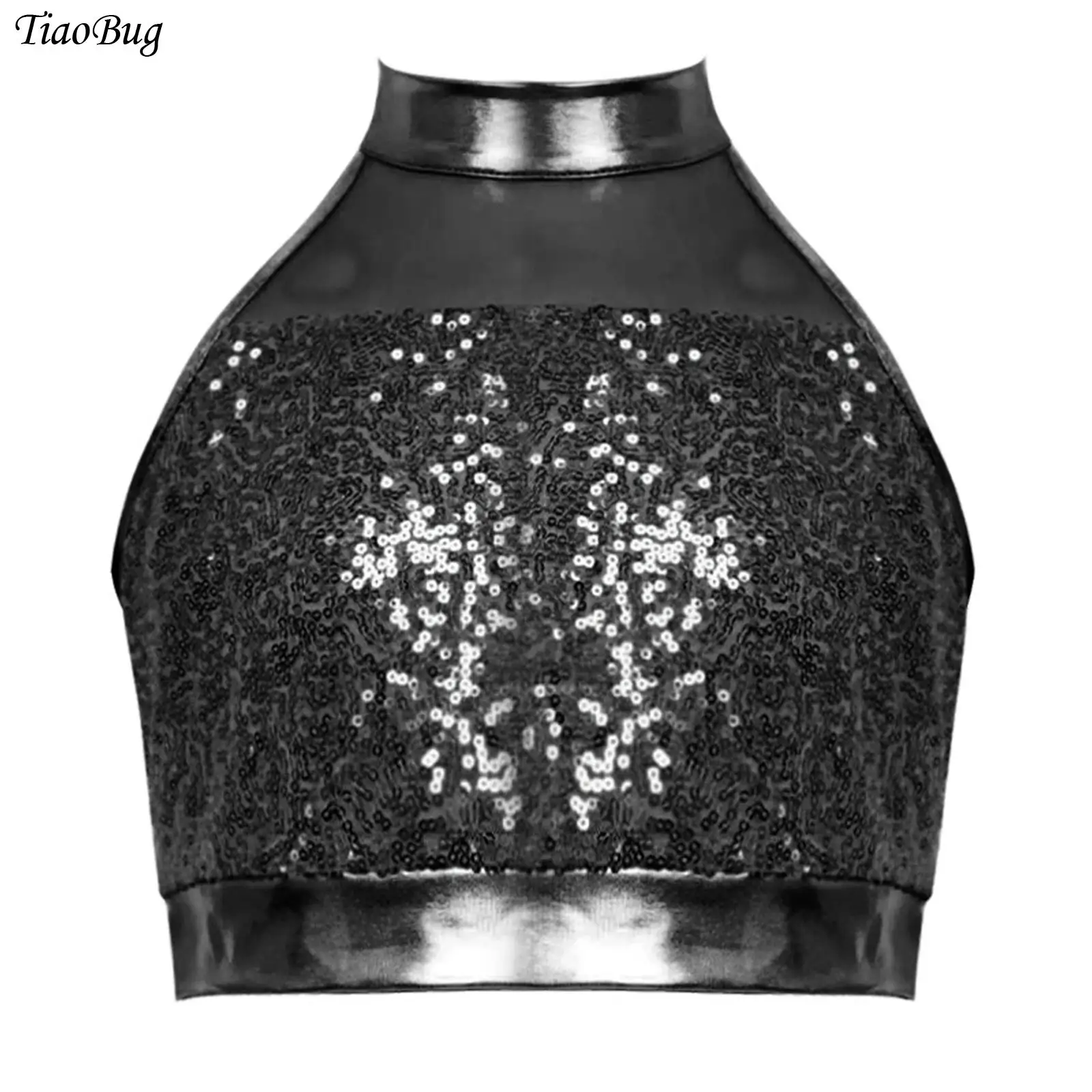 

Kids Girls Jazz Latin Dance Top Sleeveless Mock Neck Glitter Sequined Mesh Patchwork Keyhole Back Tank Crop Top for Performance