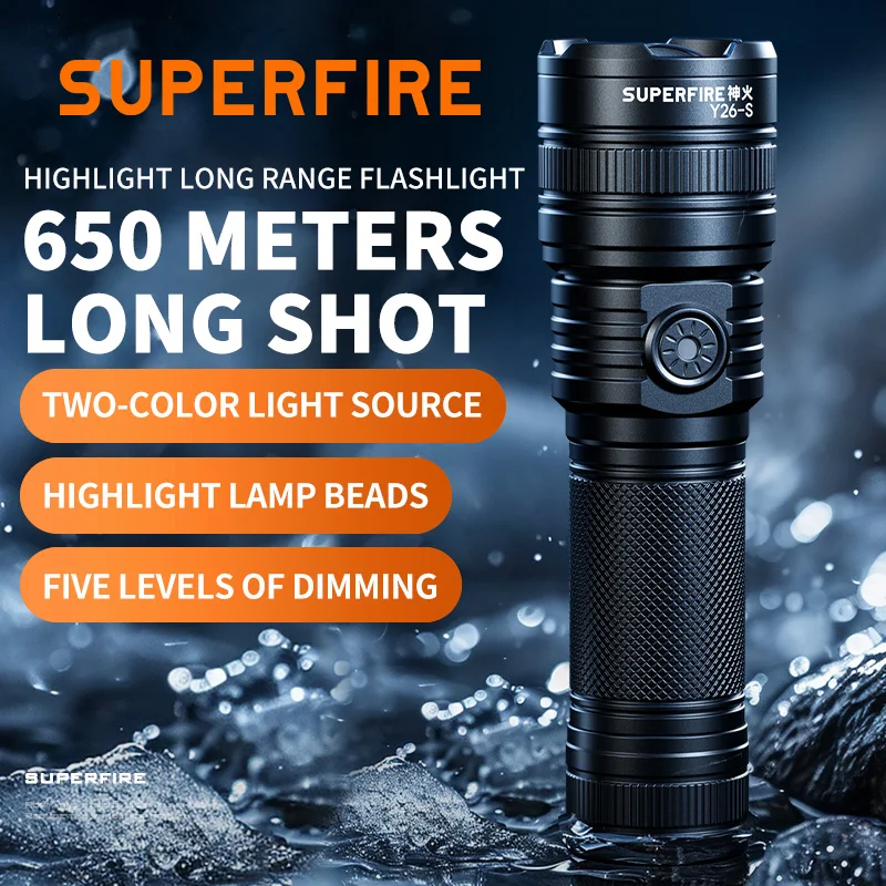 Imagem -02 - Superfire Y26 Y26-s 15w Lanterna Poderosa Luz Amarela Branca Zoomable Edc Tocha 600m de Longo Alcance tipo c Lanterna Recarregável