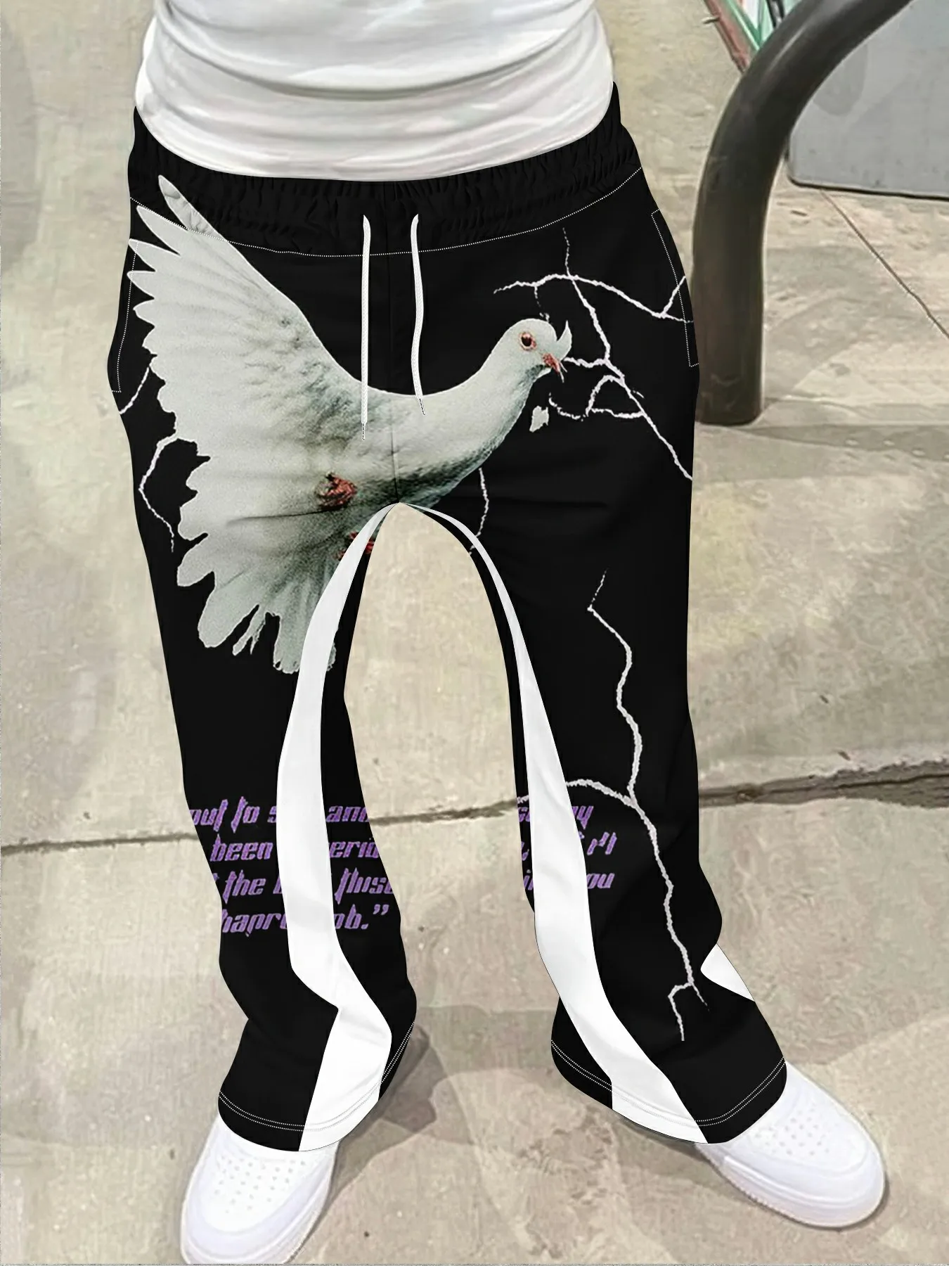 

Men's Casual Street Style Trendy Cross Print Fashionable Slightly Flared Black and White Color-Block Design Sweatpants Men Pants