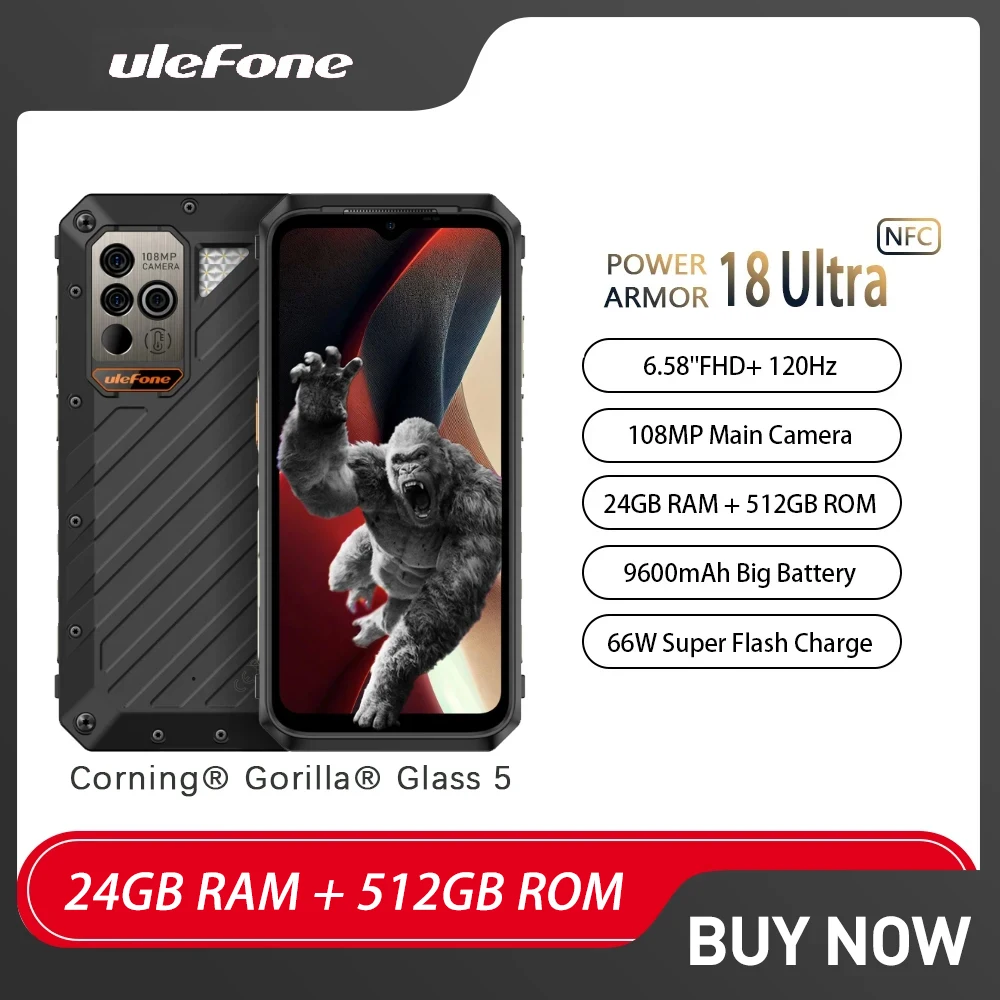 Ulefone Power Armor 18 Ultra 5G Rugged Smartphone 6.58-inch Android 13 Thermomet 12GB+512GB 108MP 9600mAh 66W NFC Cell Phone