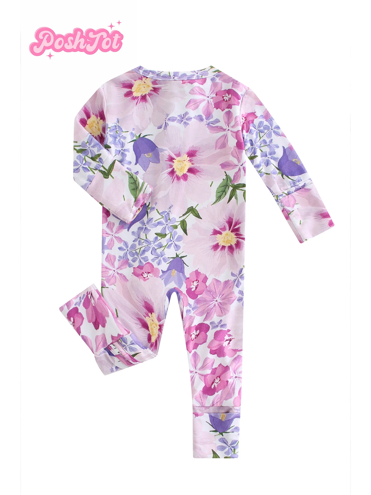 POSHTOT-Pyjama à manches longues pour bébé, barboteuse à fermeture éclair bidirectionnelle, fleur violette, fibre de bambou, 0 à 2 ans Combinaison pour bébé.